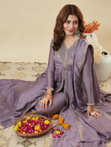Lavender Vichitra Silk Embroidered Designer Kurti with Palazzo and Dupatta Set