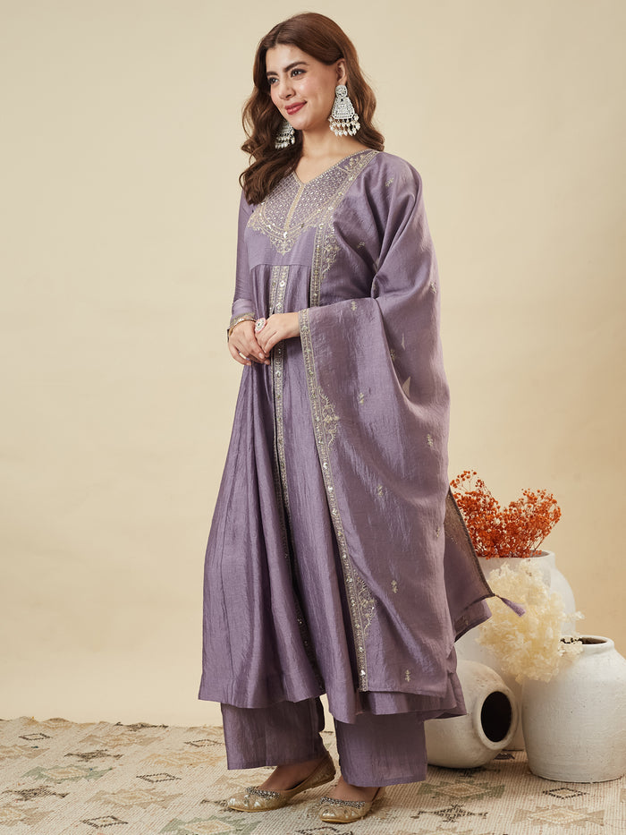 Lavender Vichitra Silk Embroidered Designer Kurti with Palazzo and Dupatta Set