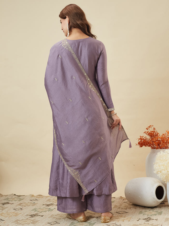 Lavender Vichitra Silk Embroidered Designer Kurti with Palazzo and Dupatta Set