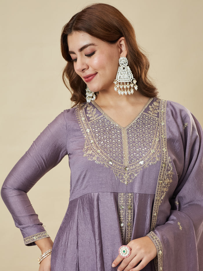 Lavender Vichitra Silk Embroidered Designer Kurti with Palazzo and Dupatta Set