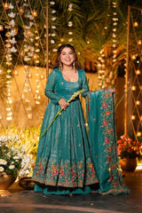 Teal Green Crunchy Silk Heavy Floral Embroidered Designer Anarkali Kurti with Bottom and Dupatta Set