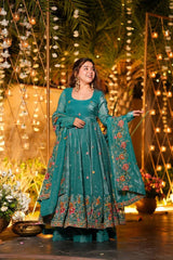 Teal Green Crunchy Silk Heavy Floral Embroidered Designer Anarkali Kurti with Bottom and Dupatta Set