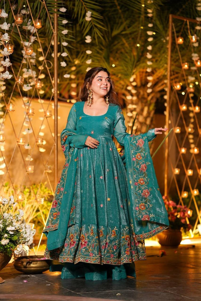 Teal Green Crunchy Silk Heavy Floral Embroidered Designer Anarkali Kurti with Bottom and Dupatta Set