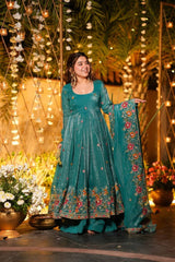 Teal Green Crunchy Silk Heavy Floral Embroidered Designer Anarkali Kurti with Bottom and Dupatta Set