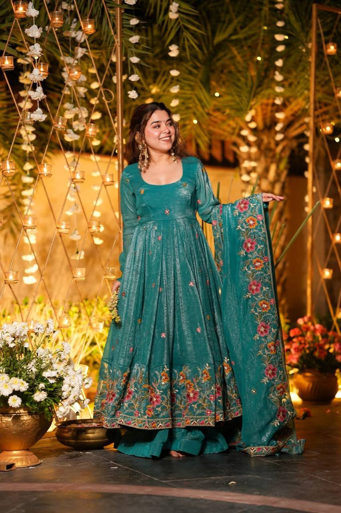 Teal Green Crunchy Silk Heavy Floral Embroidered Designer Anarkali Kurti with Bottom and Dupatta Set
