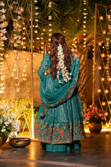 Teal Green Crunchy Silk Heavy Floral Embroidered Designer Anarkali Kurti with Bottom and Dupatta Set
