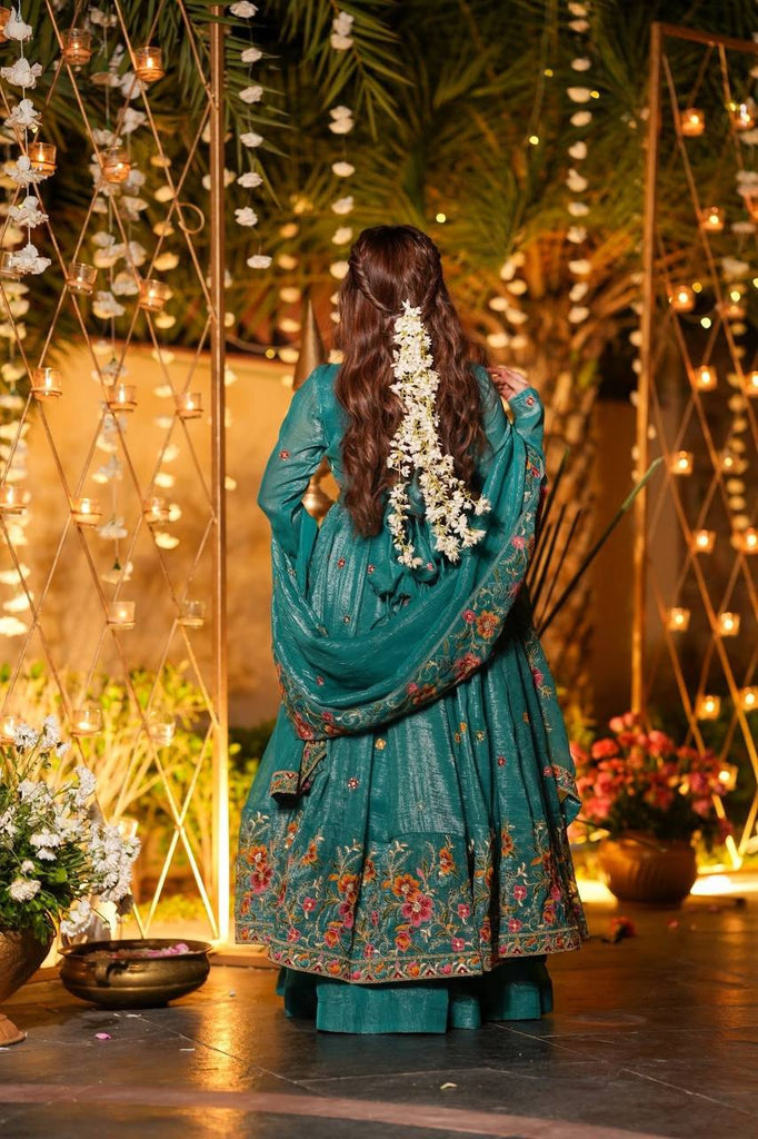 Teal Green Crunchy Silk Heavy Floral Embroidered Designer Anarkali Kurti with Bottom and Dupatta Set