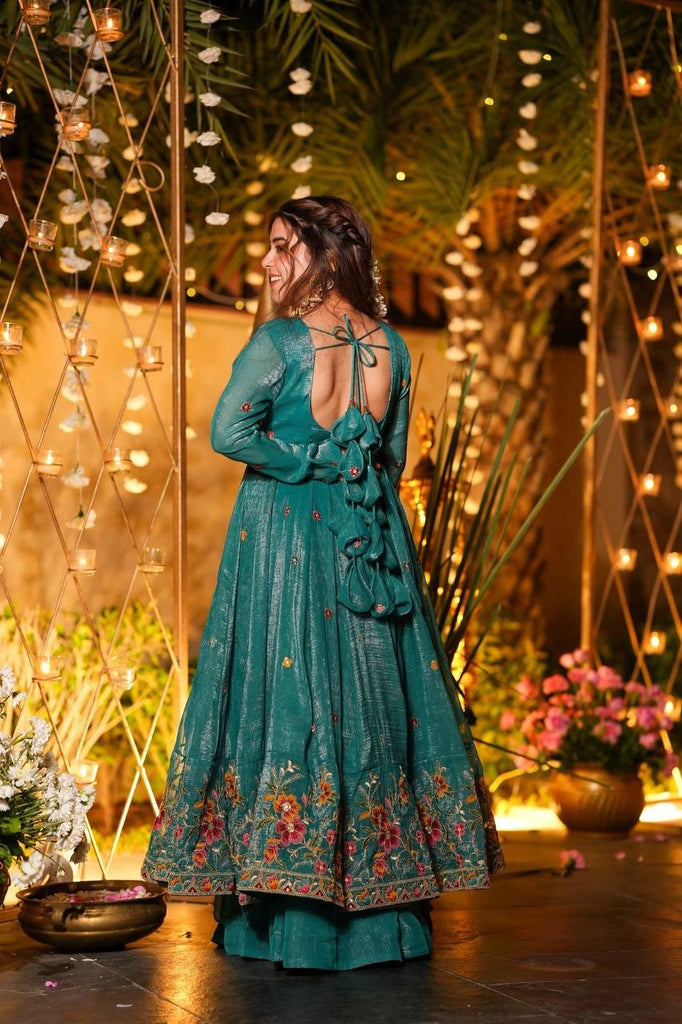 Teal Green Crunchy Silk Heavy Floral Embroidered Designer Anarkali Kurti with Bottom and Dupatta Set