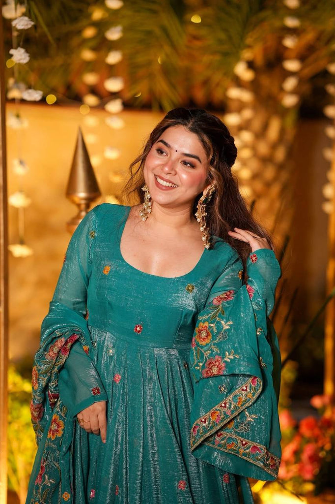 Teal Green Crunchy Silk Heavy Floral Embroidered Designer Anarkali Kurti with Bottom and Dupatta Set