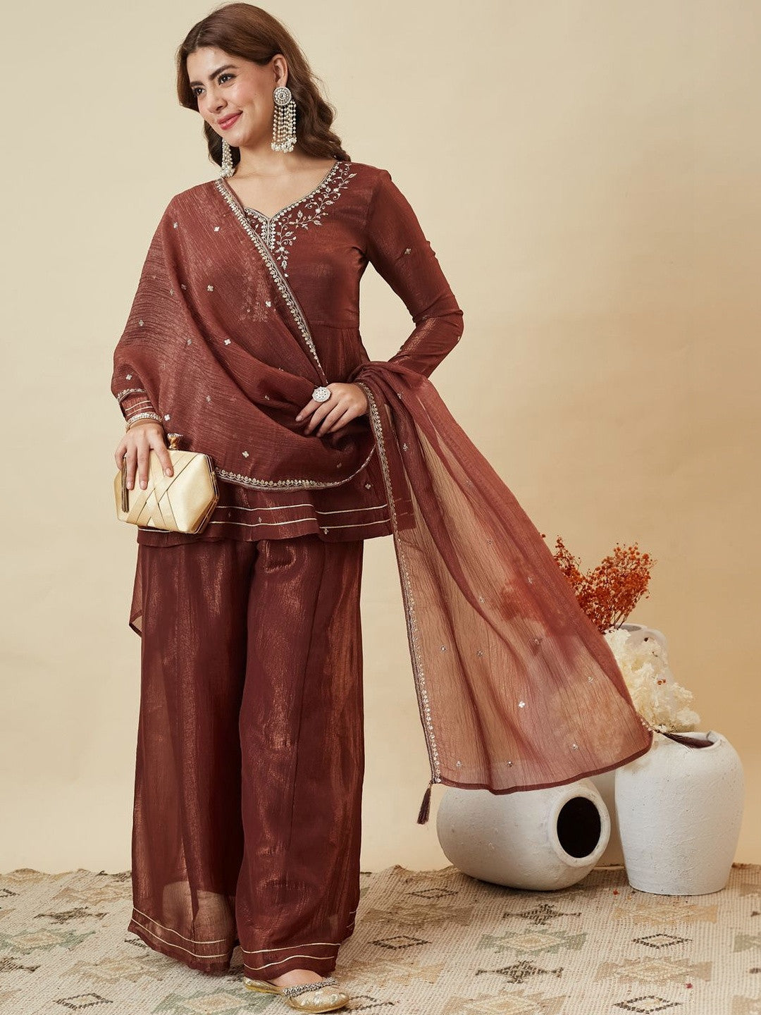 Brown Fandy Silk Embroidered Designer Peplum Kurti with Palazzo and Dupatta Set