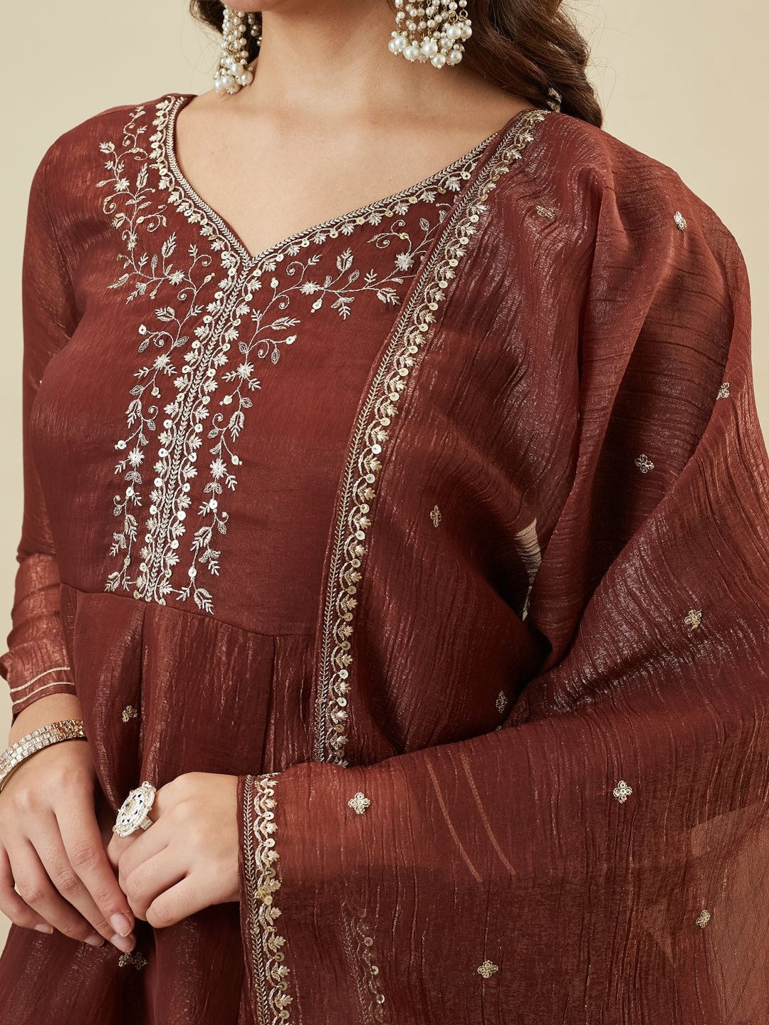 Brown Fandy Silk Embroidered Designer Peplum Kurti with Palazzo and Dupatta Set
