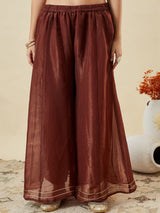 Brown Fandy Silk Embroidered Designer Peplum Kurti with Palazzo and Dupatta Set