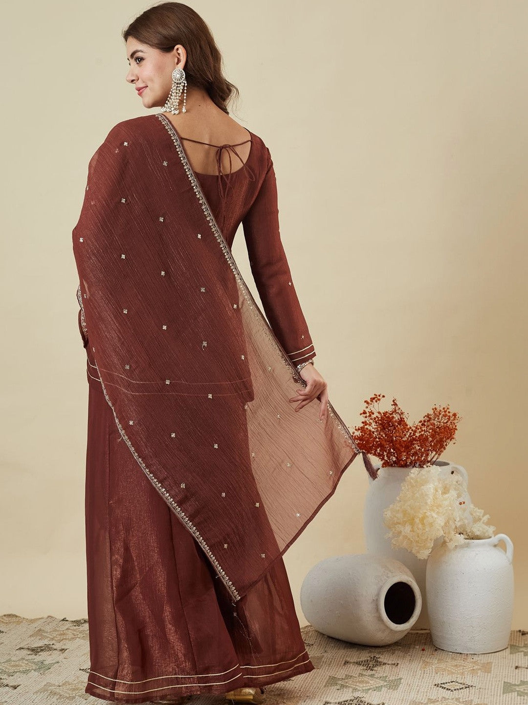 Brown Fandy Silk Embroidered Designer Peplum Kurti with Palazzo and Dupatta Set