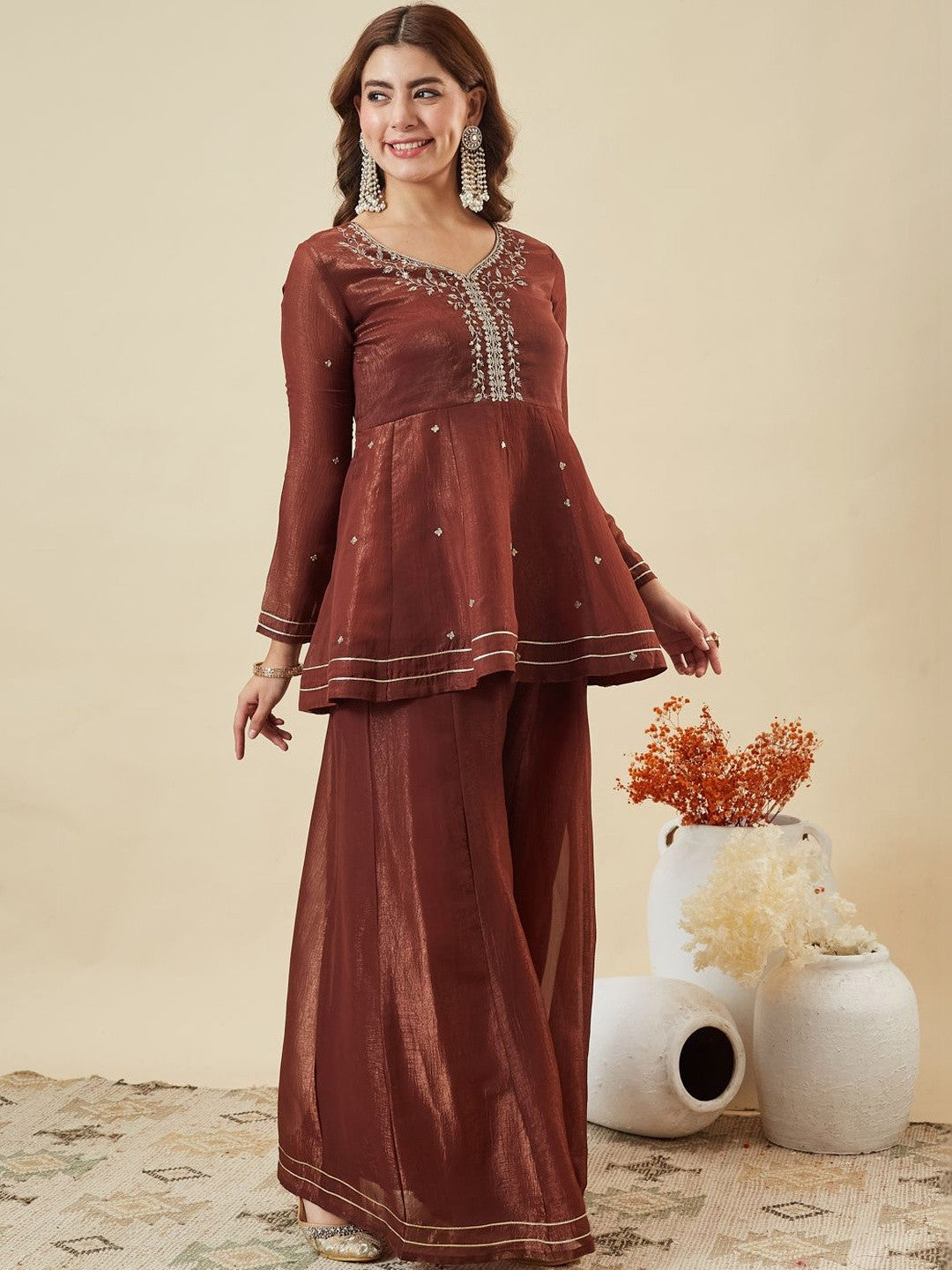 Brown Fandy Silk Embroidered Designer Peplum Kurti with Palazzo and Dupatta Set