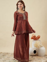 Brown Fandy Silk Embroidered Designer Peplum Kurti with Palazzo and Dupatta Set