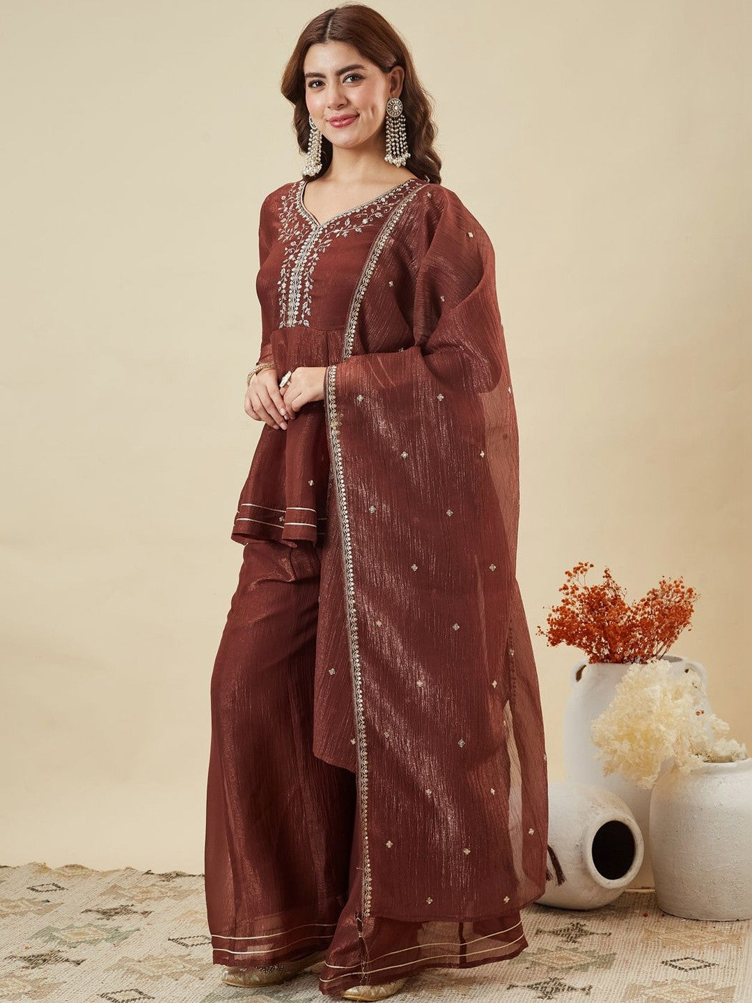 Brown Fandy Silk Embroidered Designer Peplum Kurti with Palazzo and Dupatta Set