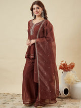 Brown Fandy Silk Embroidered Designer Peplum Kurti with Palazzo and Dupatta Set