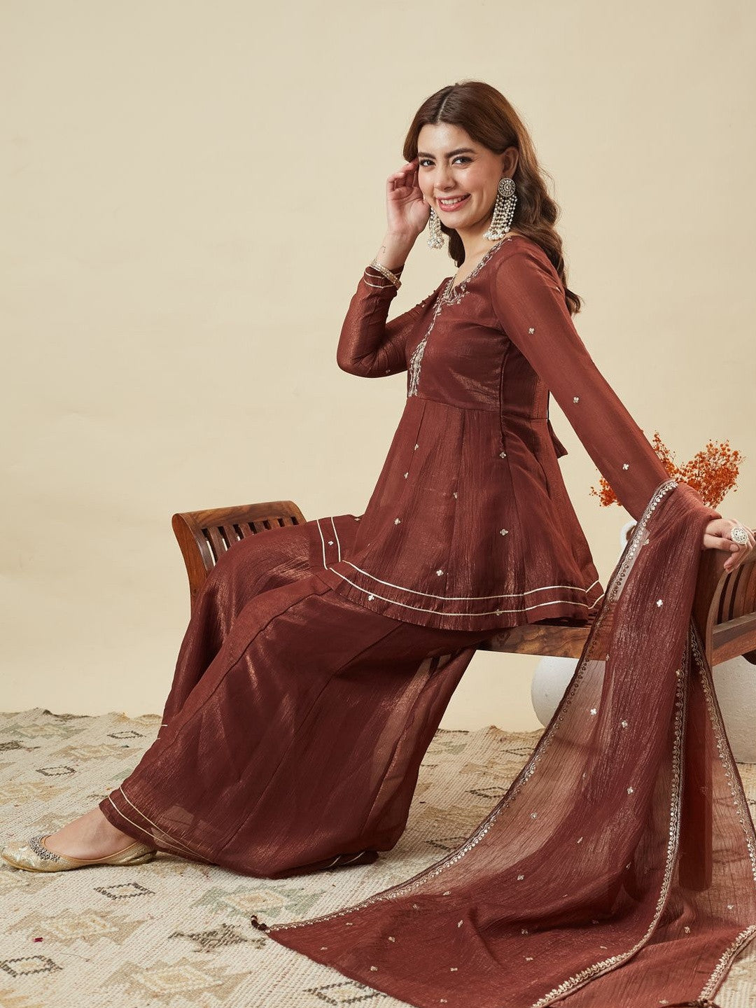 Brown Fandy Silk Embroidered Designer Peplum Kurti with Palazzo and Dupatta Set