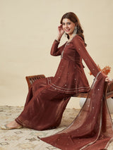 Brown Fandy Silk Embroidered Designer Peplum Kurti with Palazzo and Dupatta Set