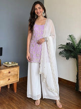 Lavender & White Faux Georgette Embroidered Designer Sharara Suit Set with Matching Dupatta