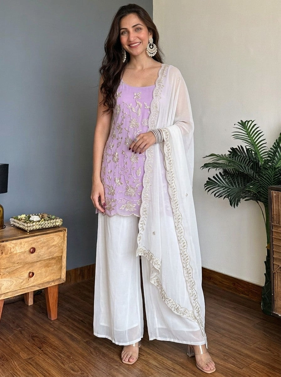 Lavender & White Faux Georgette Embroidered Designer Sharara Suit Set with Matching Dupatta