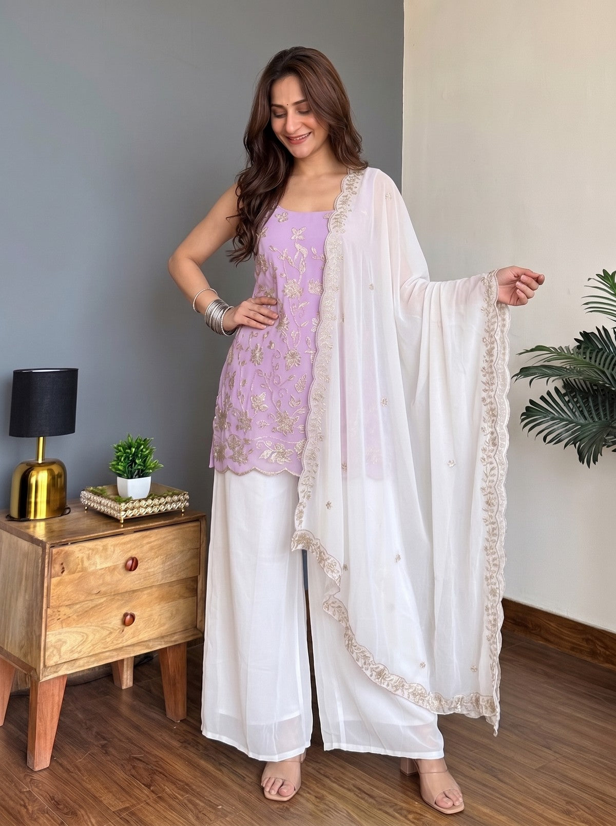 Lavender & White Faux Georgette Embroidered Designer Sharara Suit Set with Matching Dupatta