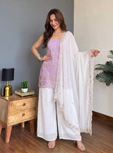 Lavender & White Faux Georgette Embroidered Designer Sharara Suit Set with Matching Dupatta