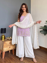 Lavender & White Faux Georgette Embroidered Designer Sharara Suit Set with Matching Dupatta