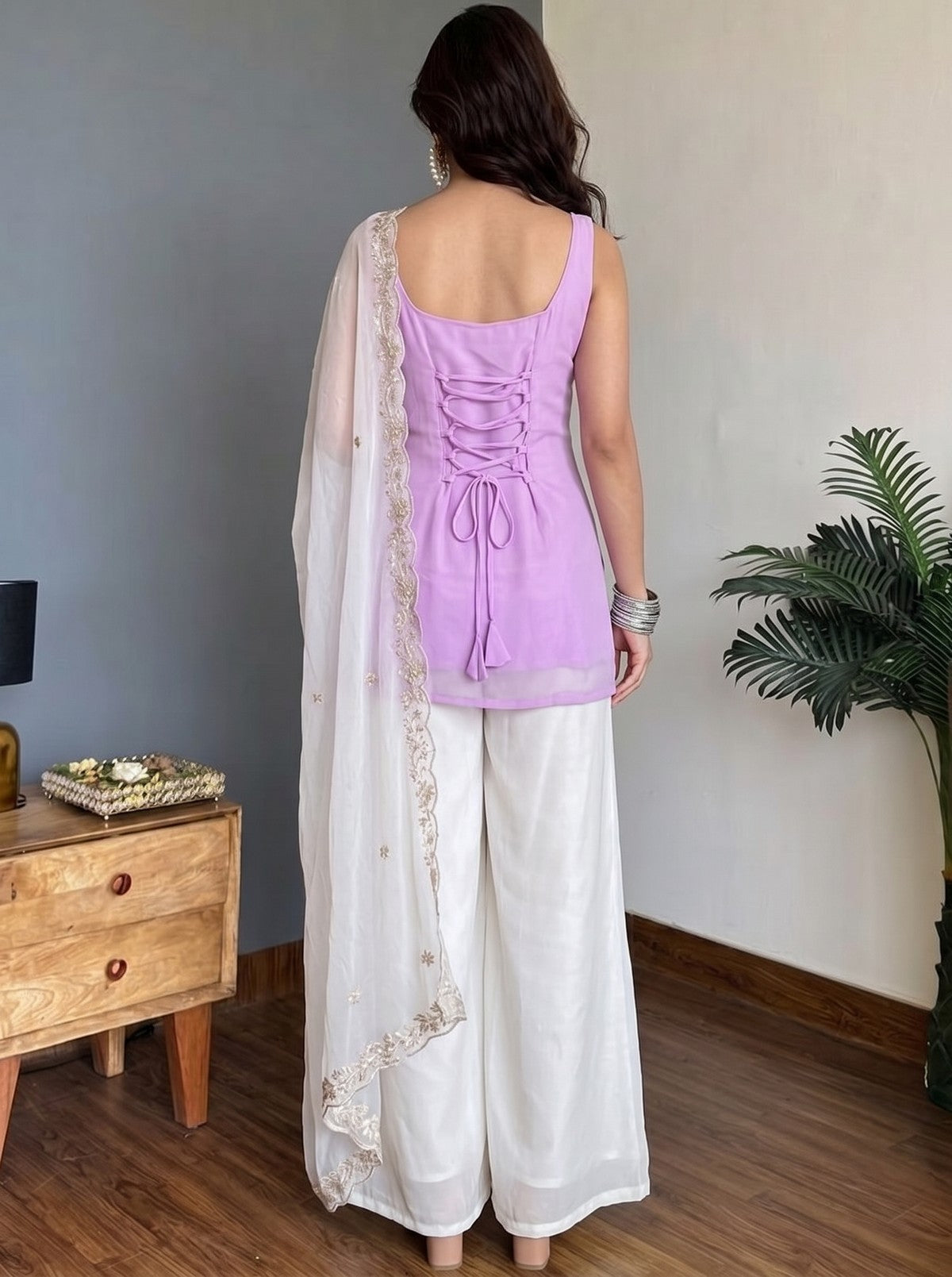 Lavender & White Faux Georgette Embroidered Designer Sharara Suit Set with Matching Dupatta
