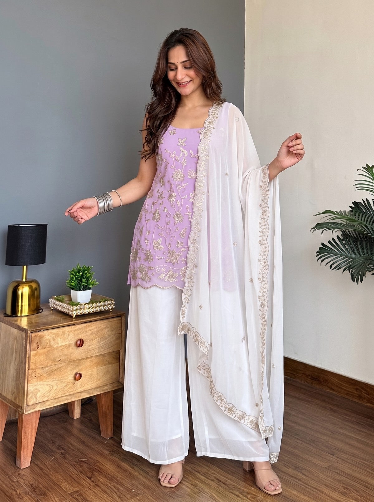 Lavender & White Faux Georgette Embroidered Designer Sharara Suit Set with Matching Dupatta