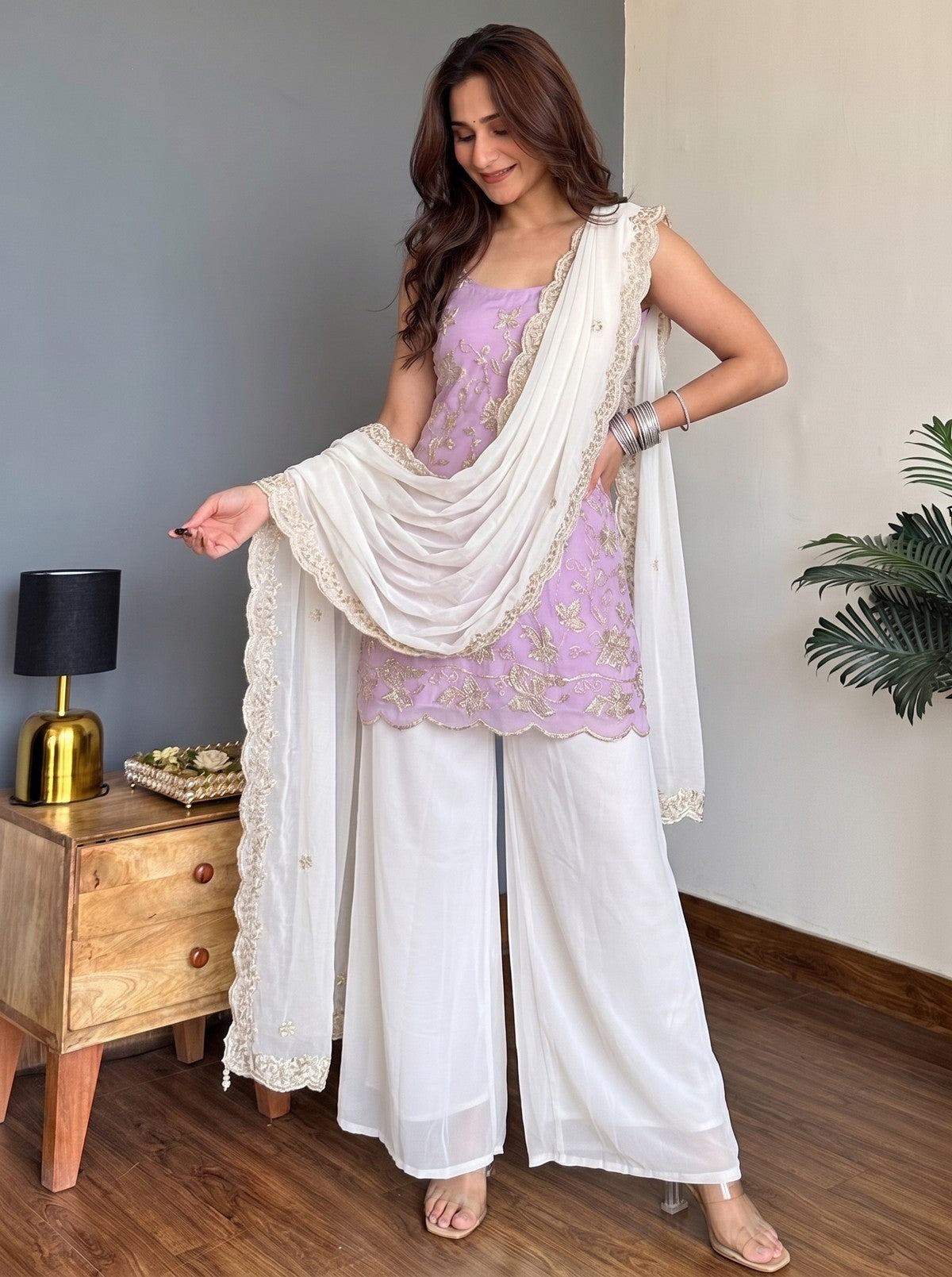 Lavender & White Faux Georgette Embroidered Designer Sharara Suit Set with Matching Dupatta