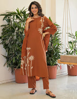 Rust Brown Rayon Slub Floral Applique Kurti with Gadhwal Silk Bottom and Chanderi Dupatta Set