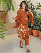 Rust Brown Rayon Slub Floral Applique Kurti with Gadhwal Silk Bottom and Chanderi Dupatta Set