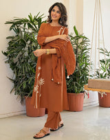 Rust Brown Rayon Slub Floral Applique Kurti with Gadhwal Silk Bottom and Chanderi Dupatta Set