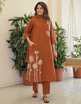 Rust Brown Rayon Slub Floral Applique Kurti with Gadhwal Silk Bottom and Chanderi Dupatta Set