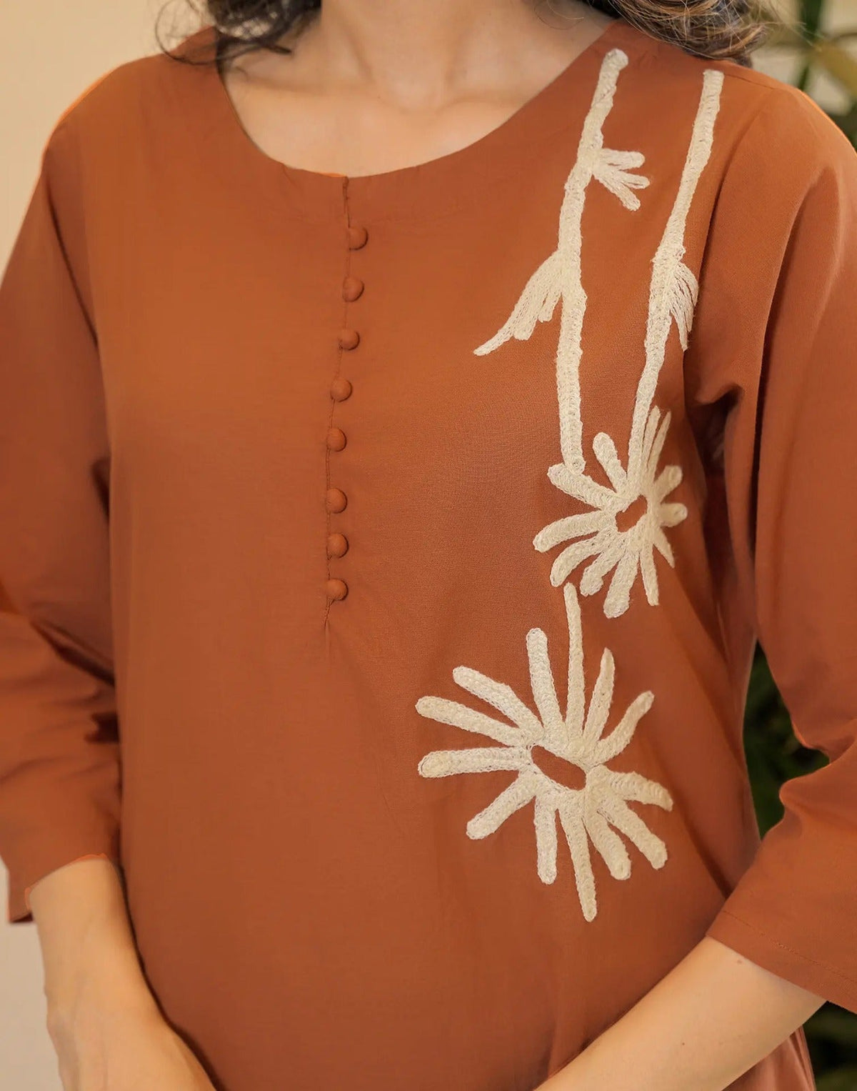 Rust Brown Rayon Slub Floral Applique Kurti with Gadhwal Silk Bottom and Chanderi Dupatta Set