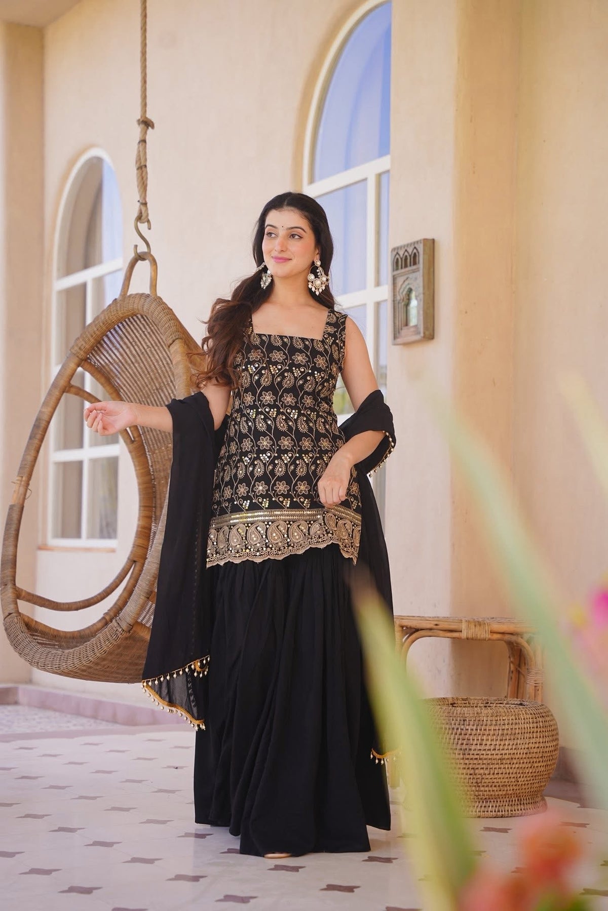 Black Silk Blend Embroidered Designer Kurti with Sharara Pants and Embellished Dupatta Set