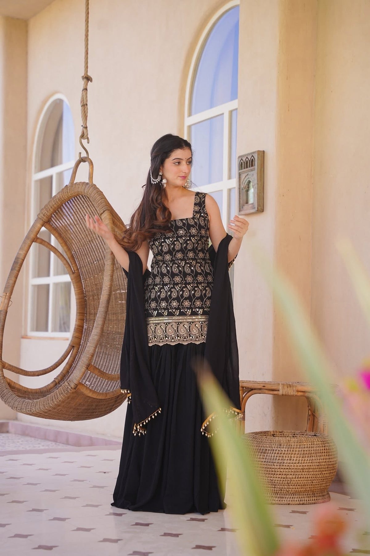 Black Silk Blend Embroidered Designer Kurti with Sharara Pants and Embellished Dupatta Set