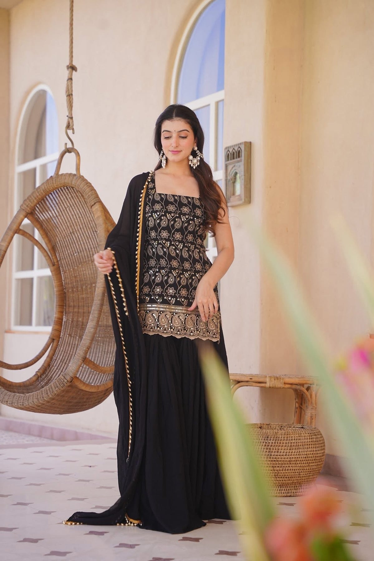 Black Silk Blend Embroidered Designer Kurti with Sharara Pants and Embellished Dupatta Set