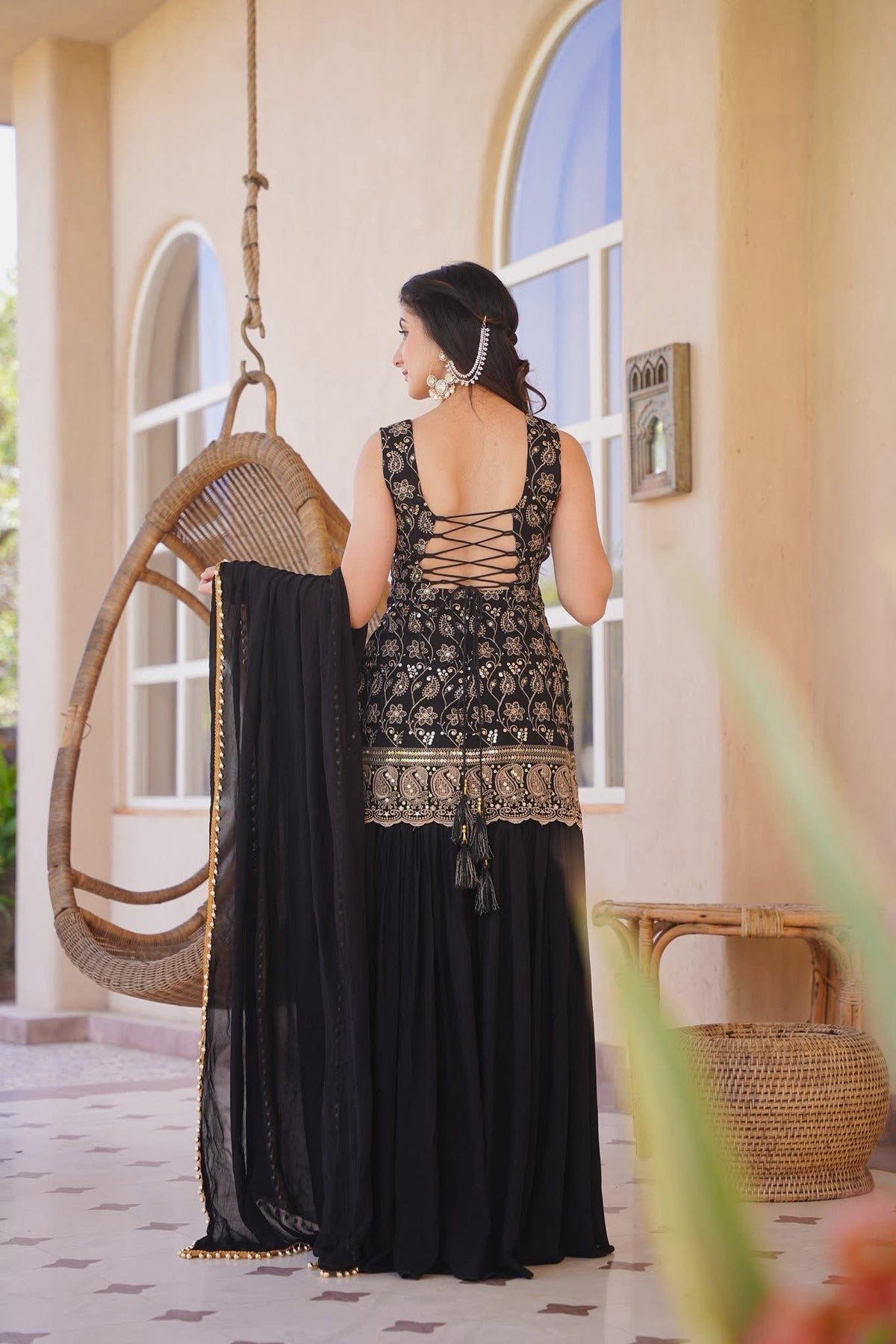 Black Silk Blend Embroidered Designer Kurti with Sharara Pants and Embellished Dupatta Set