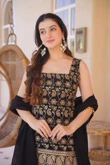 Black Silk Blend Embroidered Designer Kurti with Sharara Pants and Embellished Dupatta Set