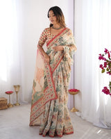 Beige & Multi-Color Linen Tissue Silk Digital Print Designer Saree with Unstitched Blouse