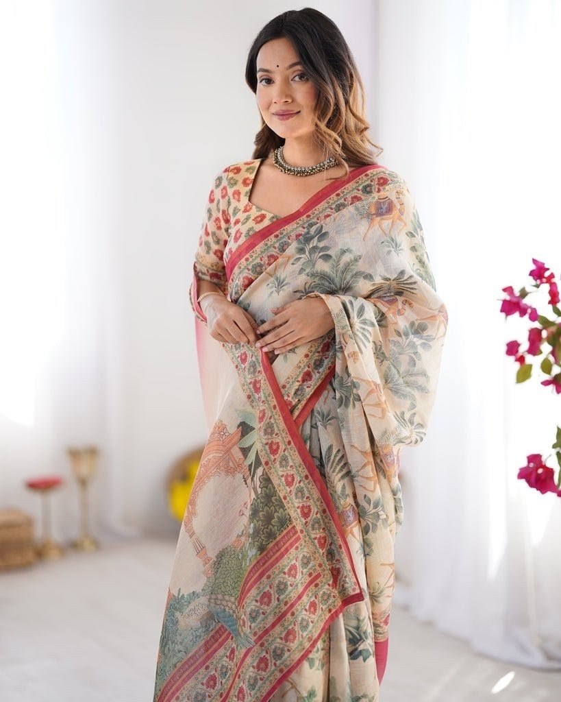 Beige & Multi-Color Linen Tissue Silk Digital Print Designer Saree with Unstitched Blouse