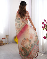 Beige & Multi-Color Linen Tissue Silk Digital Print Designer Saree with Unstitched Blouse