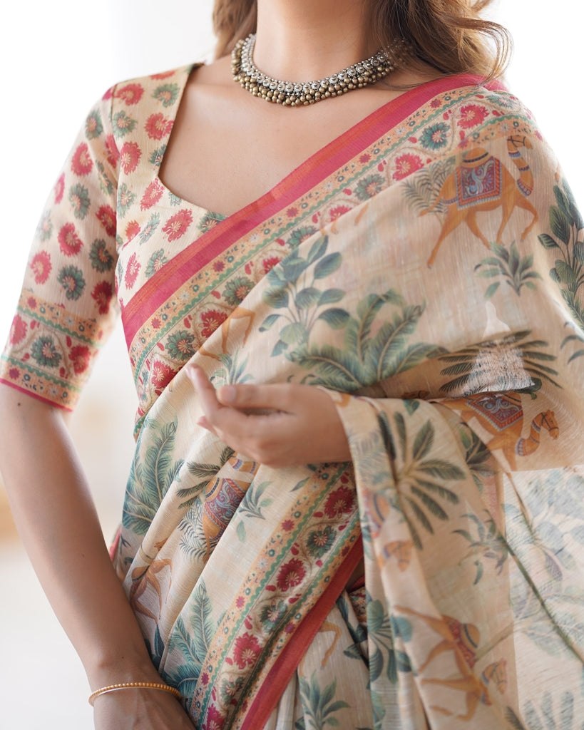 Beige & Multi-Color Linen Tissue Silk Digital Print Designer Saree with Unstitched Blouse