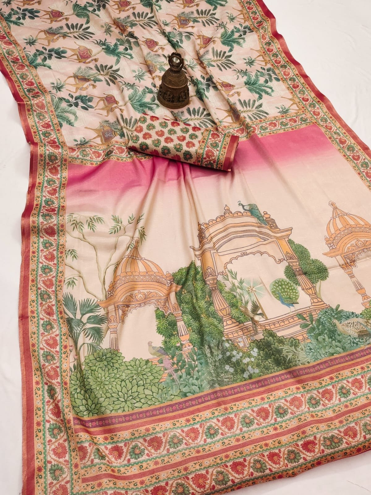 Beige & Multi-Color Linen Tissue Silk Digital Print Designer Saree with Unstitched Blouse