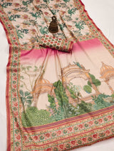 Beige & Multi-Color Linen Tissue Silk Digital Print Designer Saree with Unstitched Blouse