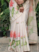Beige & Pink Lotus Floral Digital Print Linen Tissue Silk Designer Saree with Blouse
