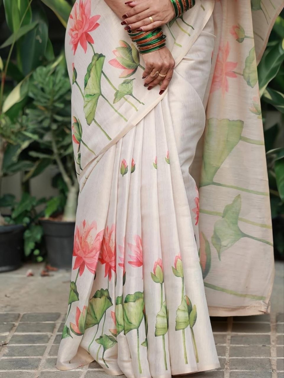 Beige & Pink Lotus Floral Digital Print Linen Tissue Silk Designer Saree with Blouse