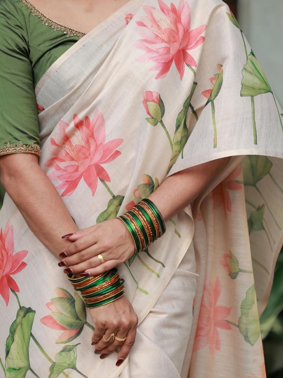 Beige & Pink Lotus Floral Digital Print Linen Tissue Silk Designer Saree with Blouse
